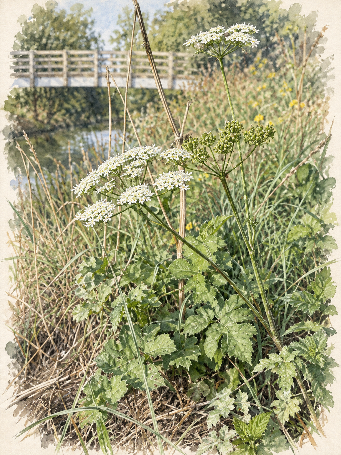 Botanical illustration of hogweed with white umbrella-shaped flower heads.