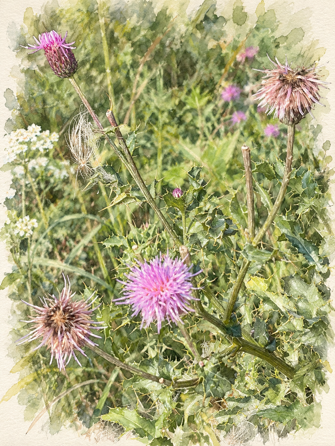 Botanical illustration of creeping thistle with purple flowers and fluffy seed heads.