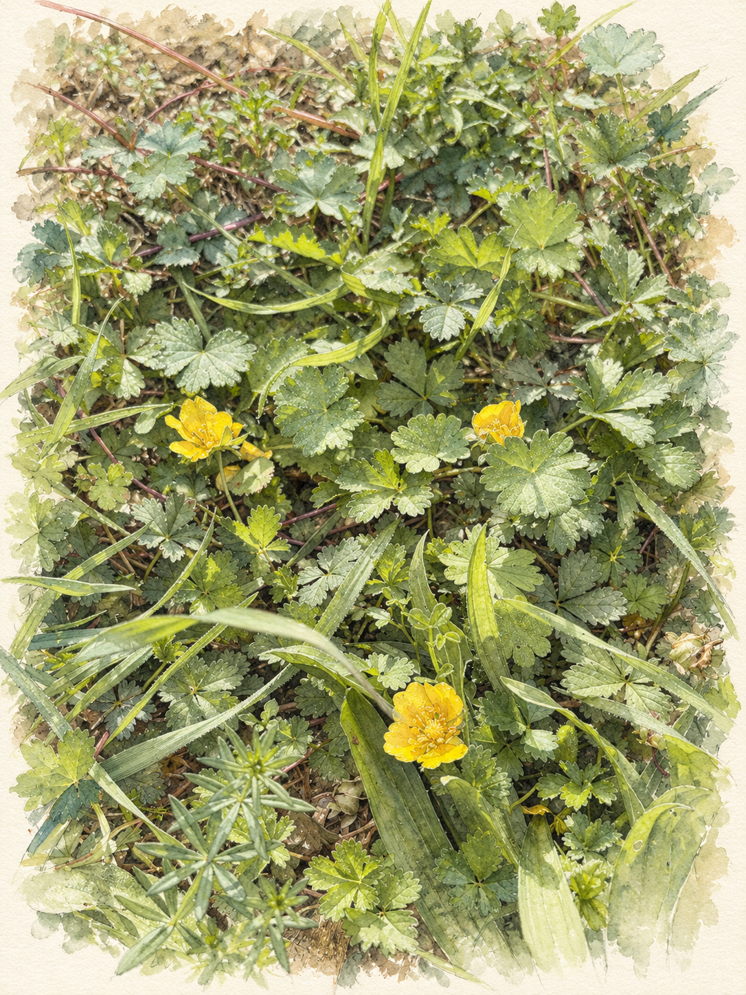 Botanical illustration of creeping cinquefoil with yellow flowers and five-part leaves.