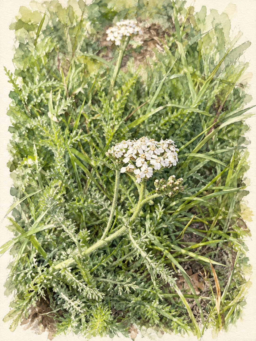 Botanical illustration of yarrow with clusters of white flowers.