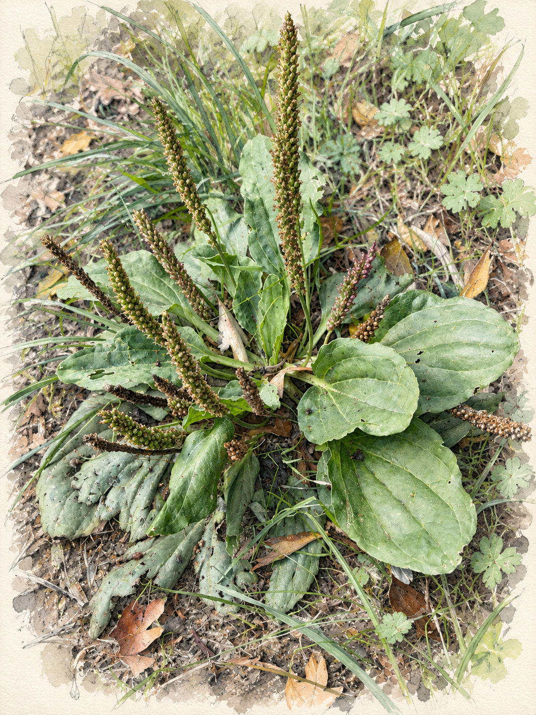 Botanical illustration of plantain with ribbed leaves and upright seed spikes.