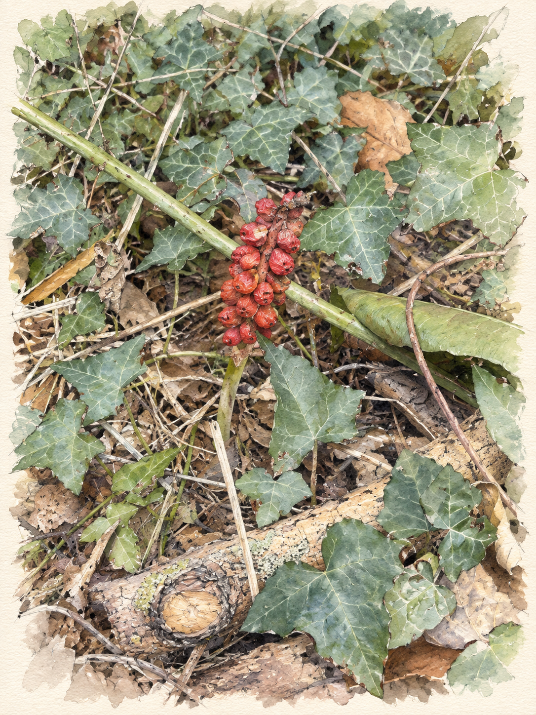 Botanical illustration of cuckoo’s pint with a spike of red berries.