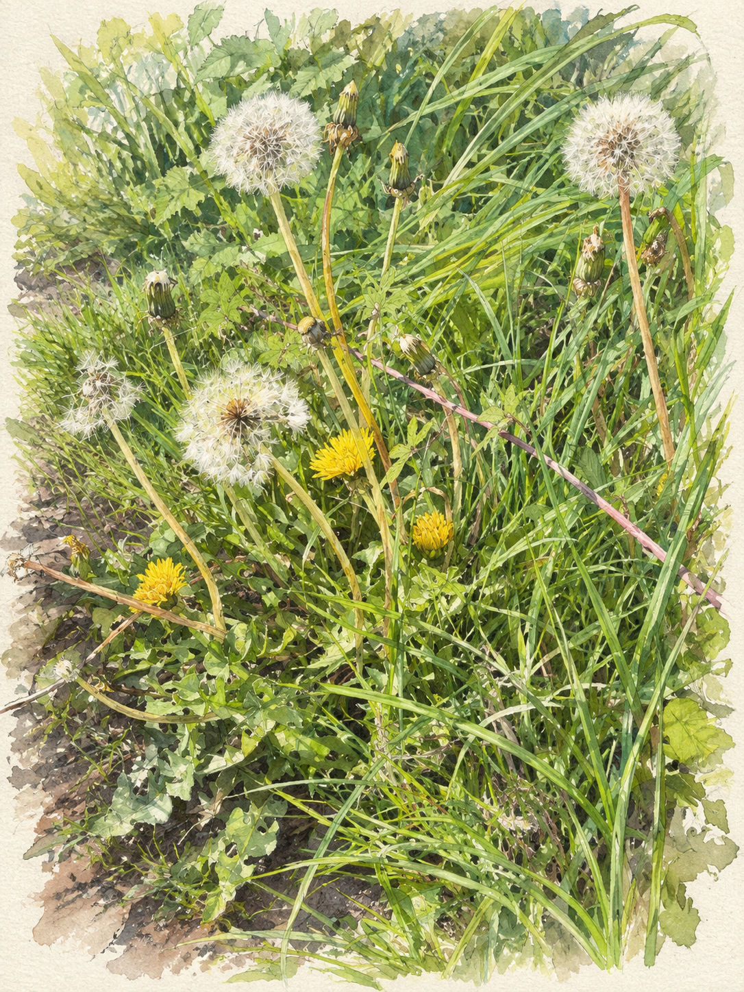 Botanical illustration of dandelions with yellow flowers and round seed clocks.