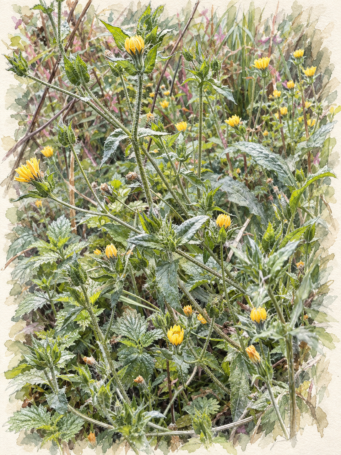 Botanical illustration of bristly oxtongue with yellow flowers and prickly leaves.
