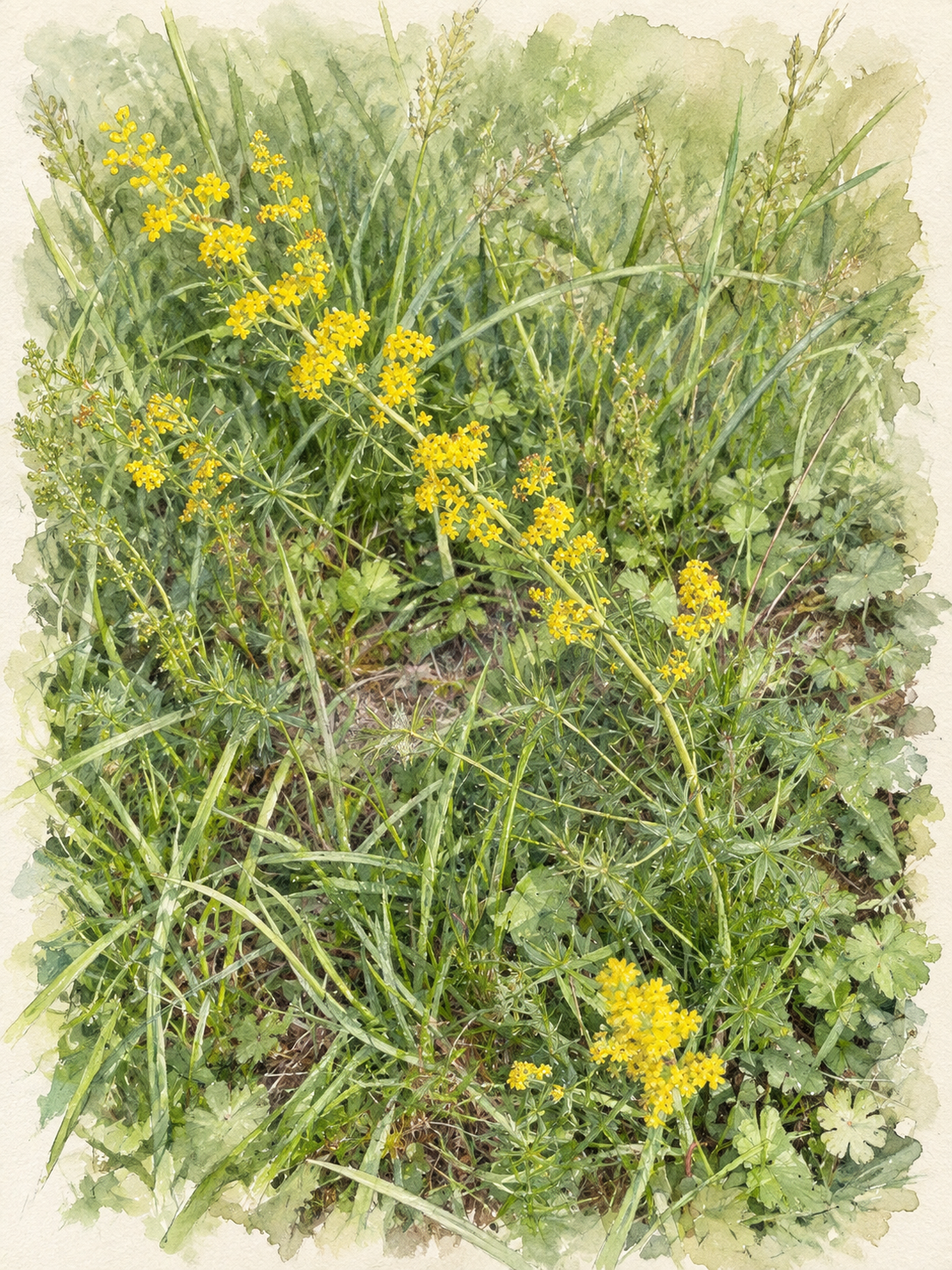Botanical illustration of lady’s bedstraw with tiny yellow flowers and whorls of narrow leaves.