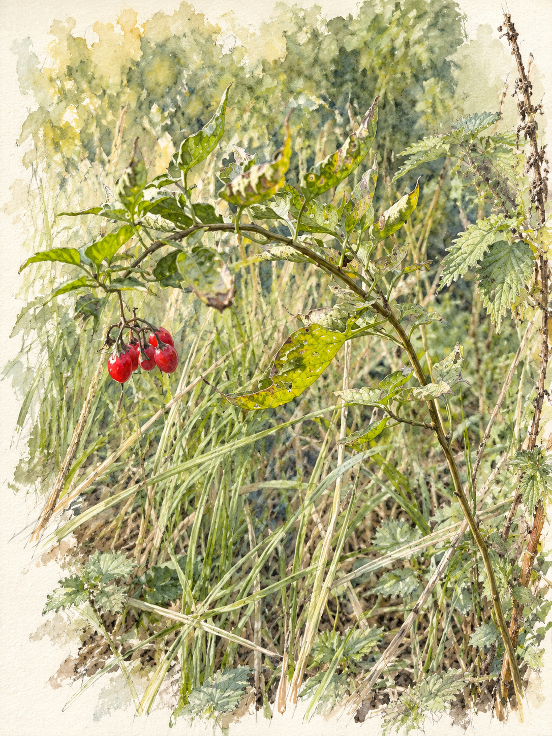 Botanical illustration of bittersweet with red berries among green leaves.