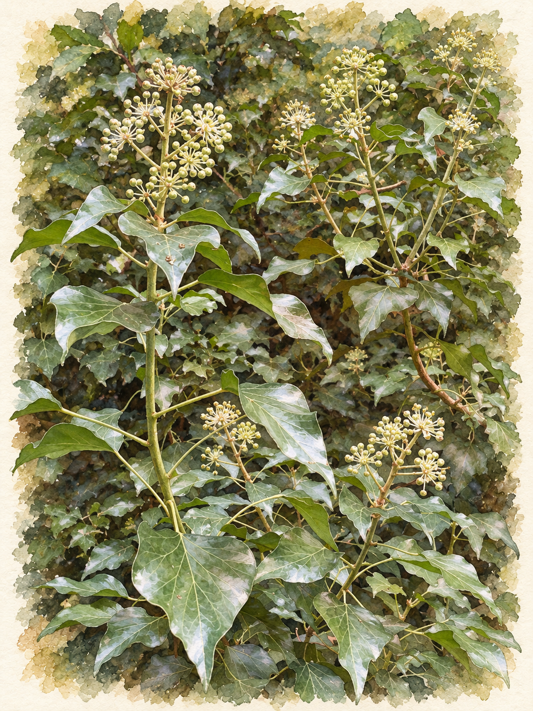Watercolour flowering ivy with pale flower clusters and glossy green leaves.