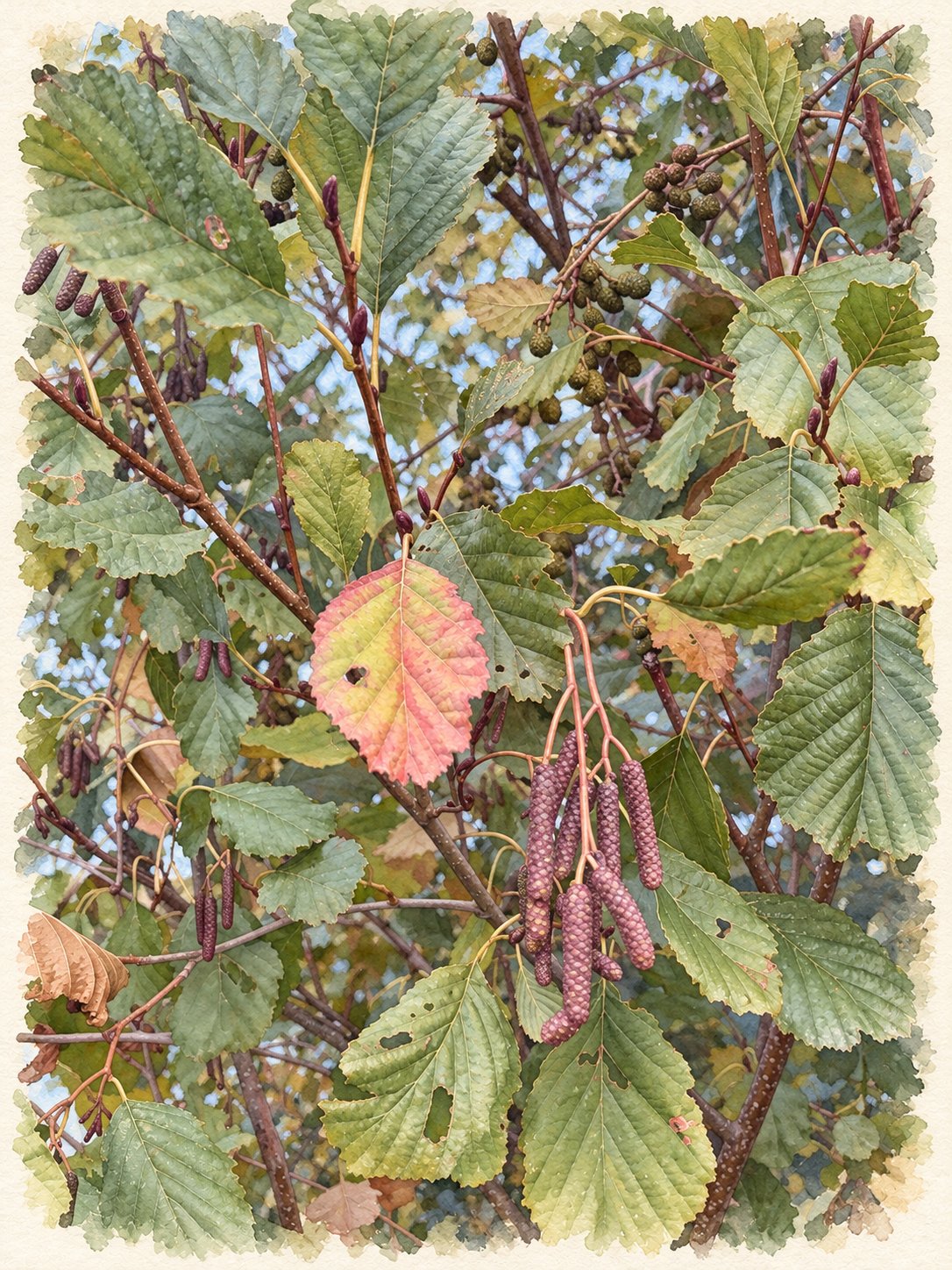 Watercolour alder branch with toothed leaves, purple catkins and small cone-like fruits.