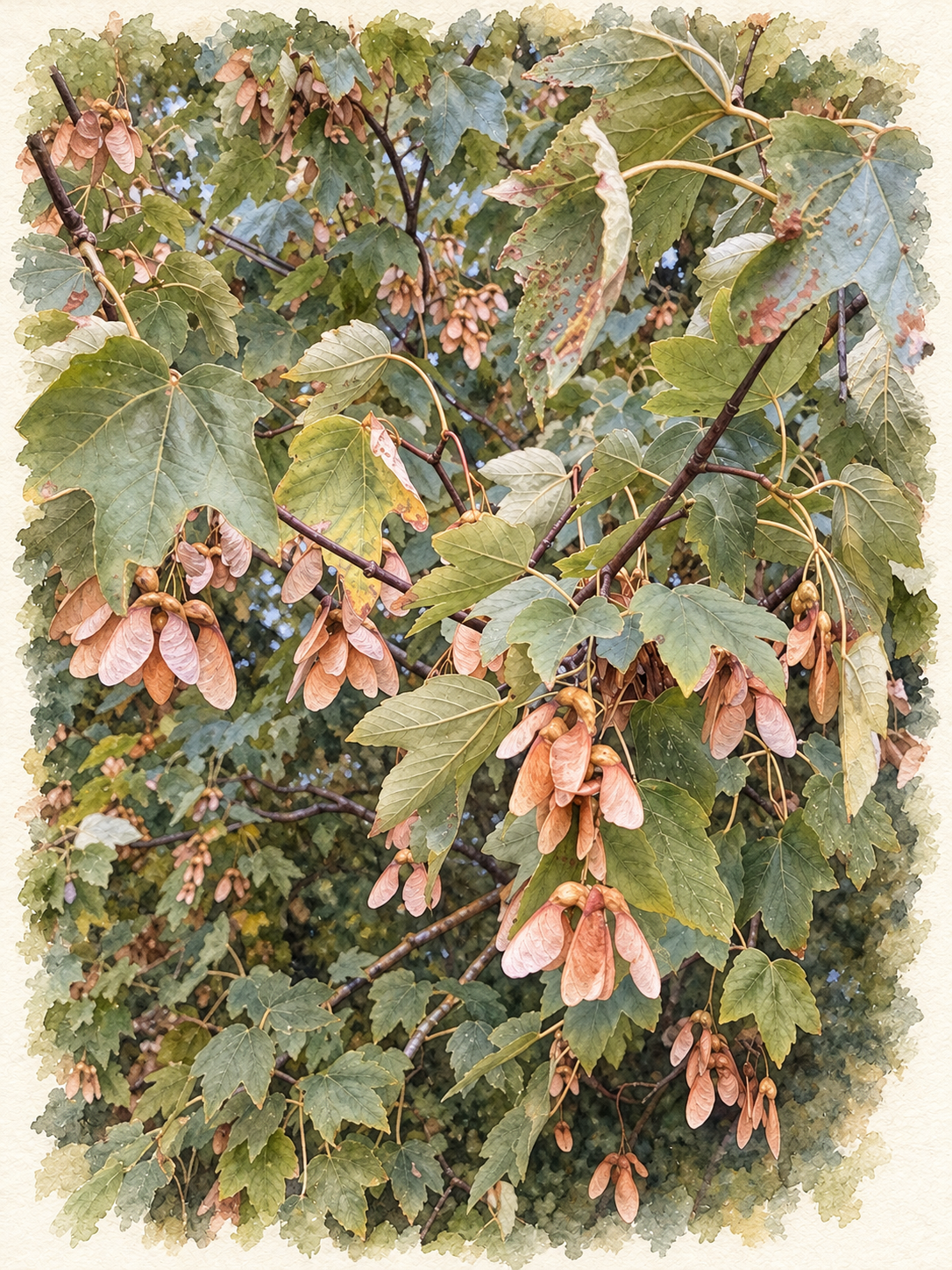 Watercolour probable sycamore branch with lobed leaves and pink-brown helicopter seeds.