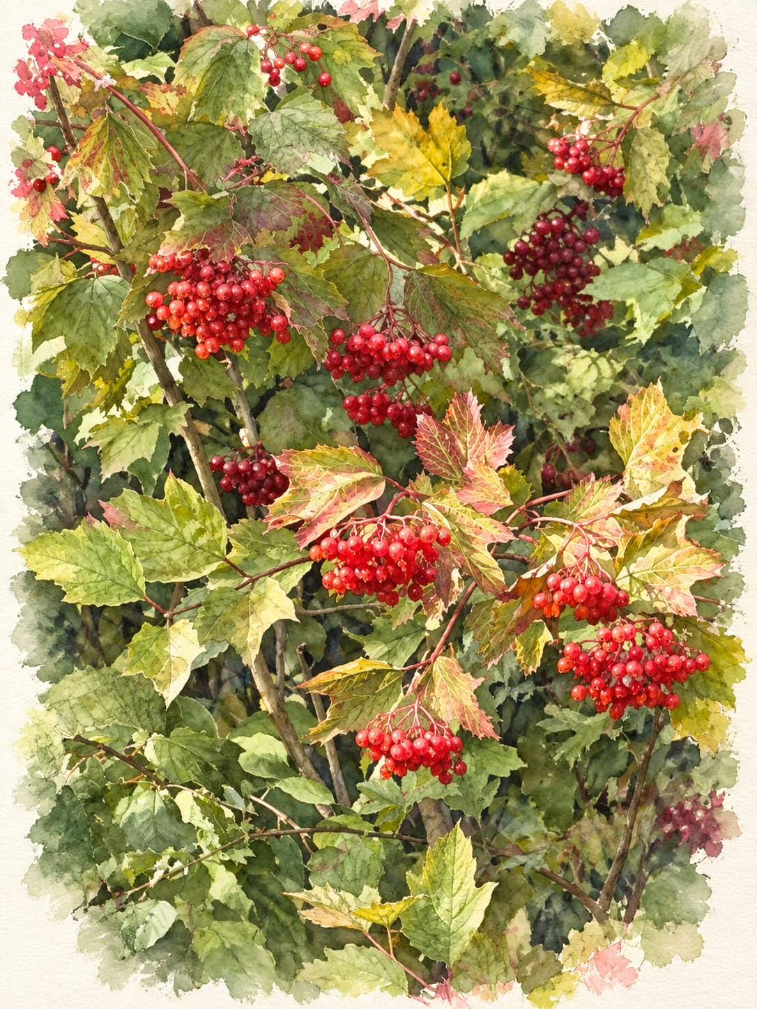 Watercolour of guelder rose at Ferry Meadows, with scarlet berries and autumn leaves.